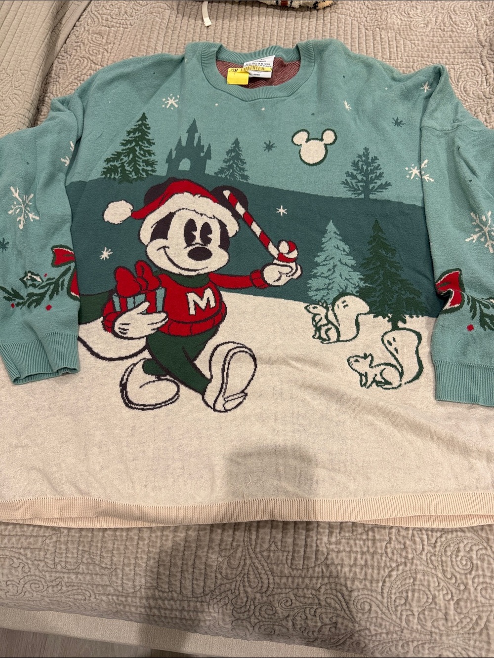 Disney Men's Holiday Mickey Sweater - Teal, Cream & Red